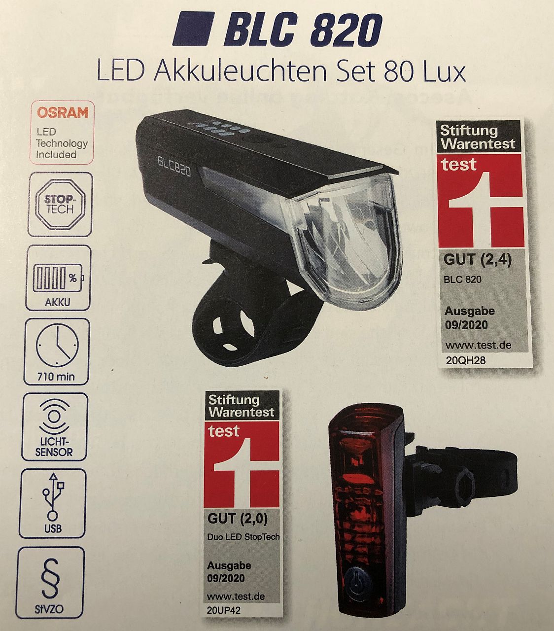 01432 LED USB-Beleuchtungs-Set BLC 820 + DUO Led-Rücklicht, 80 LUX, Osram,  STVZO | ZweiRo GmbH & Co. KG